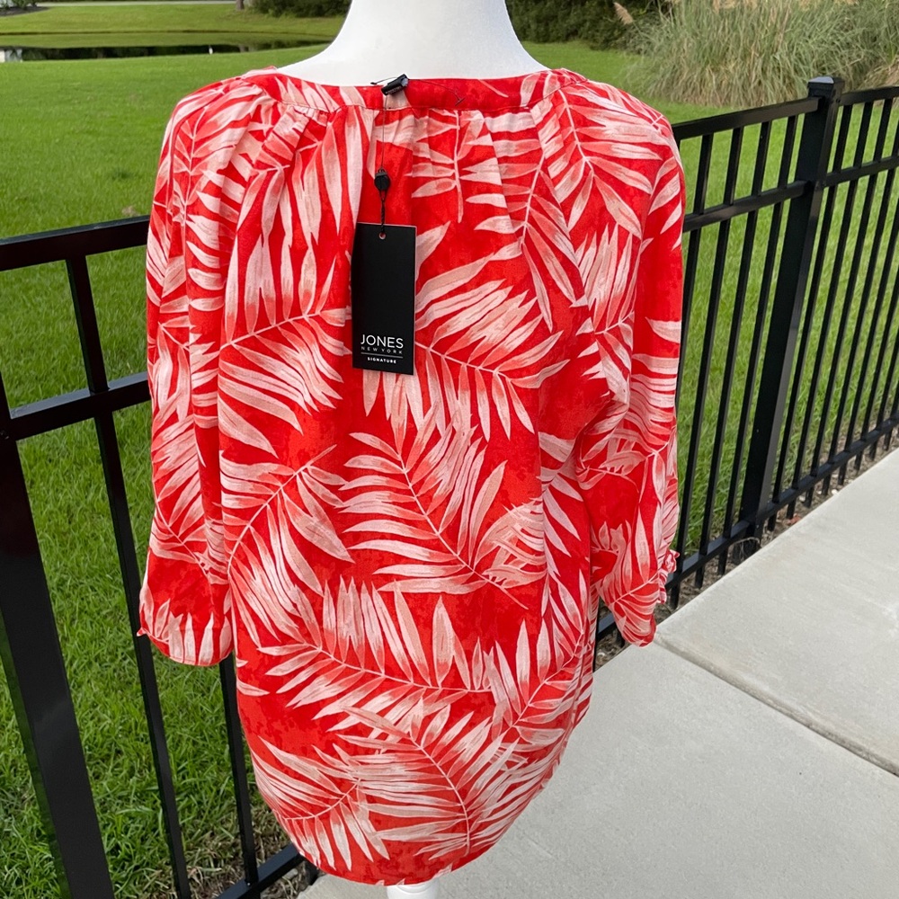 Jones New York Orange  and White Leaf Print Blouse - Picture 8 of 10